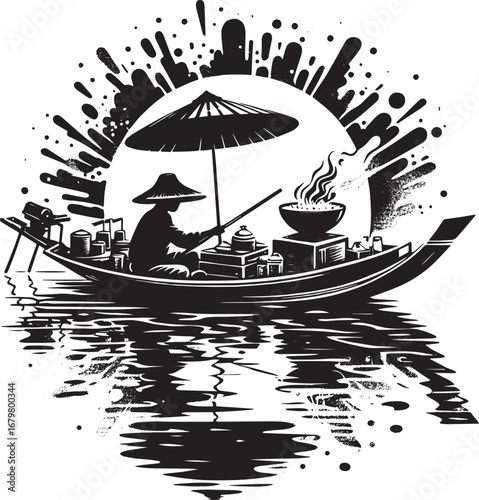 An artistic black and white illustration of a floating food market on a river scene in asia