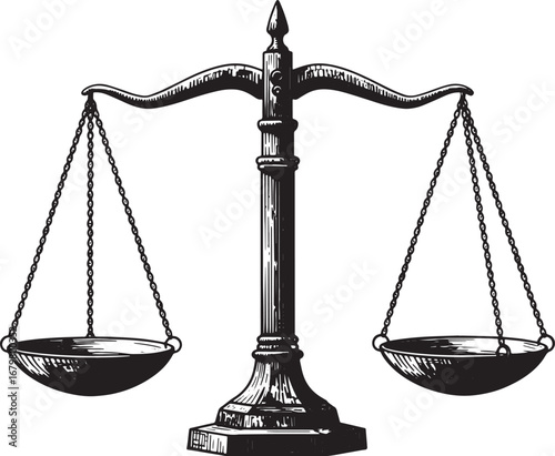 Intricate Woodcut Style Justice Scales Isolated on White for Leg