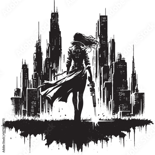 Cyberpunk cityscape: Woman strides through nature's reclamation