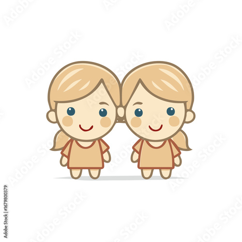Cute cartoon twins smiling with blonde hair and blue eyes wearing simple dresses isolated on white