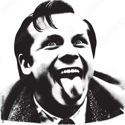 Vintage Black and White Illustration of a Man Showing His Tongue and Smiling Wide