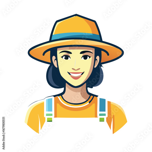 Smiling Female Cartoon Farmer Wearing Overalls and Sun Hat