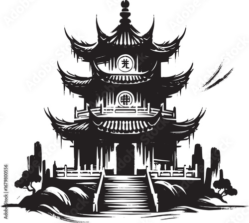 Elegant sumi-e style illustration: Traditional Daoist temple wit
