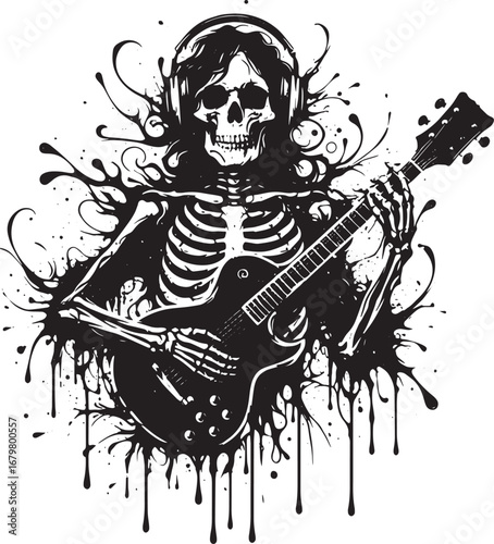 Illustration of a Rock and Roll Skeleton Playing Guitar with Headphones on a White Background