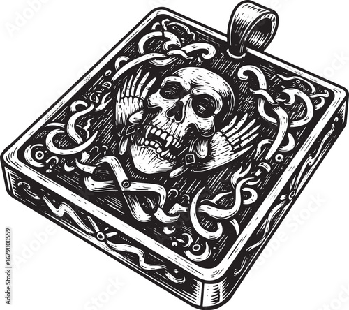 Intricate Woodcut Pendant Featuring Skull and Hands on an Isolat