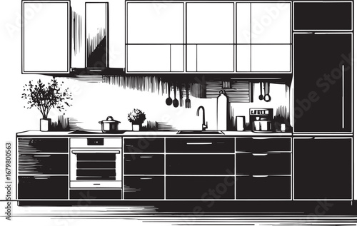 Black and white kitchen illustration with modern design, perfect for interior design purposes