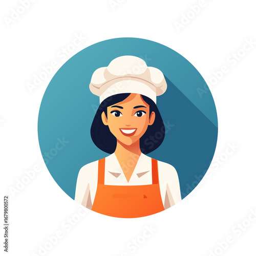 Smiling female chef wearing an apron and toque in a circle flat design style