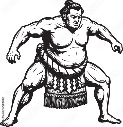 Monochrome illustration depicting a sumo wrestler in traditional