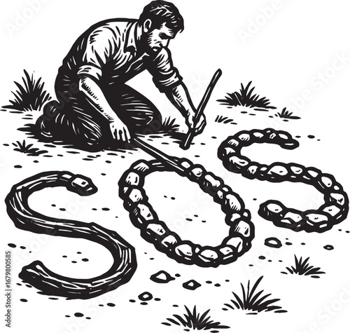A man creating a distress signal SOS with rocks on the ground in a survival situation