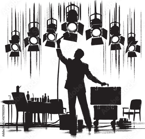 Silhouette of a man adjusting stage lighting in theater with Jap