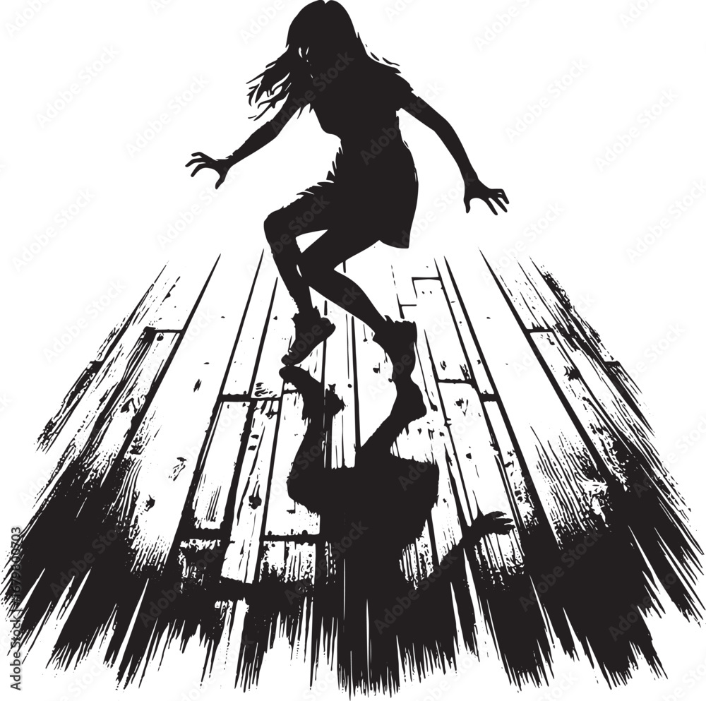 Fototapeta premium Silhouette of a Woman Leaping on a Wooden Surface with Dramatic Shadow Effect