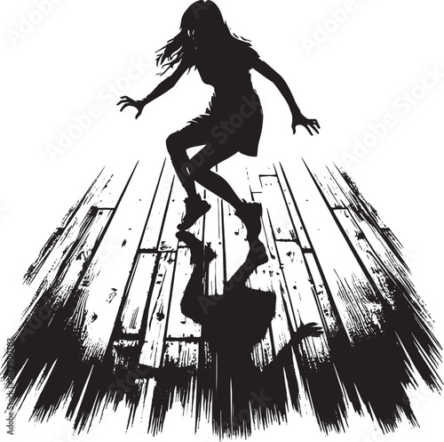 Silhouette of a Woman Leaping on a Wooden Surface with Dramatic Shadow Effect