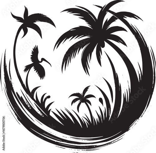 Brushstroke tropical paradise illustration with heron and palm t