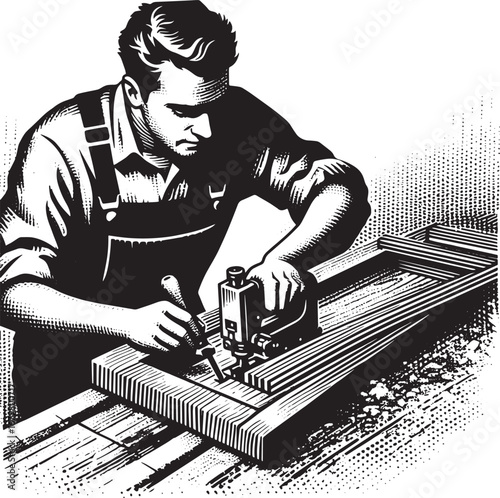 Black and white illustration of a carpenter working on a wooden frame with tools and wood