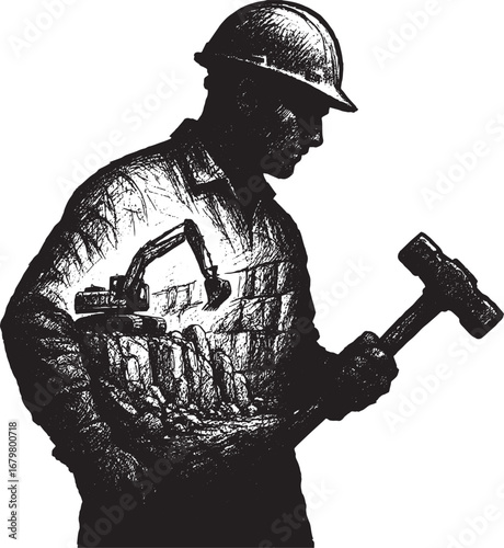 Construction worker silhouette holding hammer and excavator construction graphic in black and white