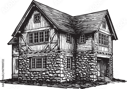 Detailed Black and White Woodcut Illustration of a Quaint Lodge