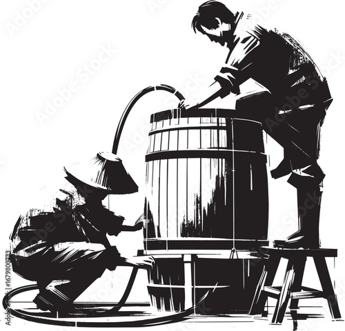 Japanese ink wash painting of two men assembling a rainwater har