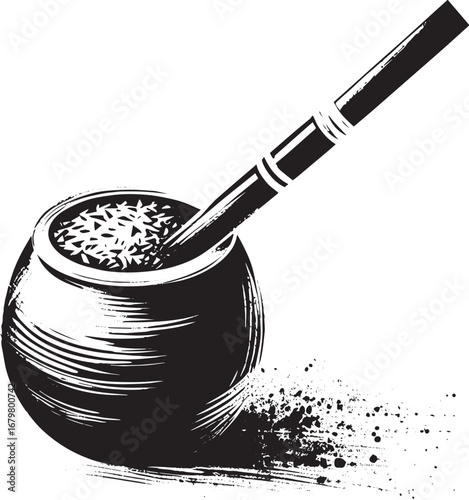 Elegant sumi-e illustration of yerba mate drink with brush strok