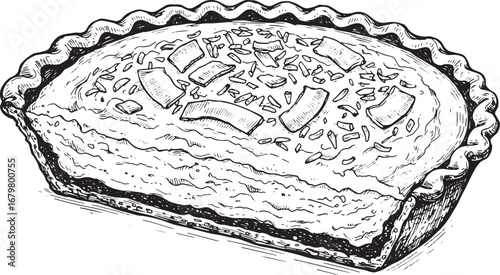 Elegant woodcut illustration of a delectable coconut cream pie,