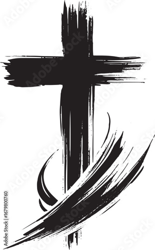 Abstract minimalist cross icon with expressive brush strokes in