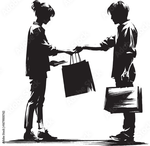 Monochrome sumi-e illustration of customer service with shopping