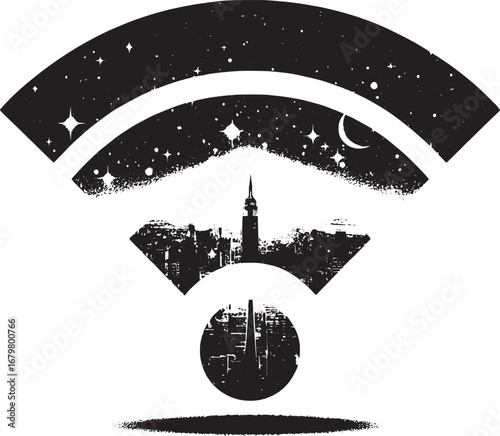 Creative wifi signal design with starry night city skyline perfect for tech concepts
