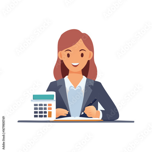 Smiling Business Woman Working at Her Desk with Calculator and Pen