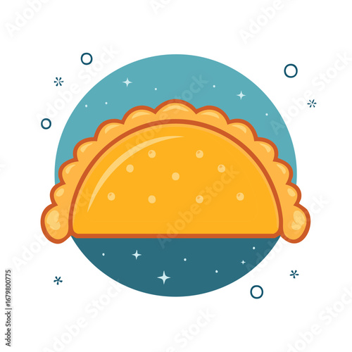 Illustrated empanada food graphic with decorative elements in blue