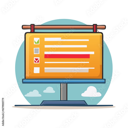 Cartoon Illustration of a Task Management Board with Checkmarks and Progress Bars for Tracking Workflow