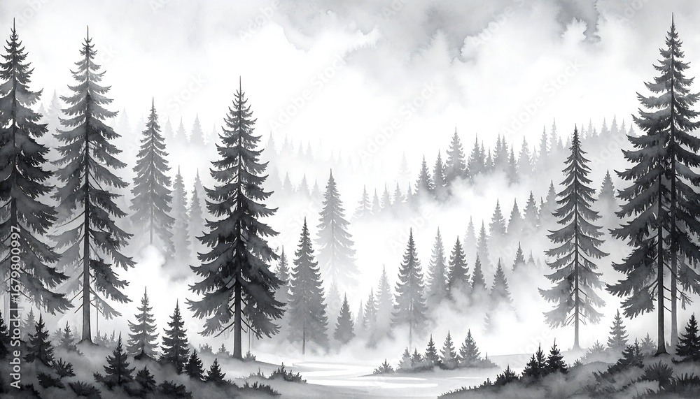 Fototapeta premium A misty, gray-scale forest scene, showcasing towering pines in a tranquil, atmospheric landscape.