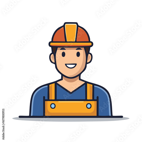 Smiling construction worker man in a hard hat and uniform vector icon illustration