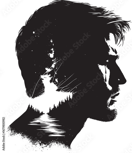 Silhouette of a Man's Profile with a Landscape Scene Inlaid in His Head