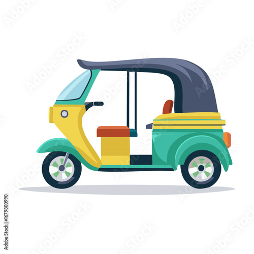 Colorful auto rickshaw illustration side view design.