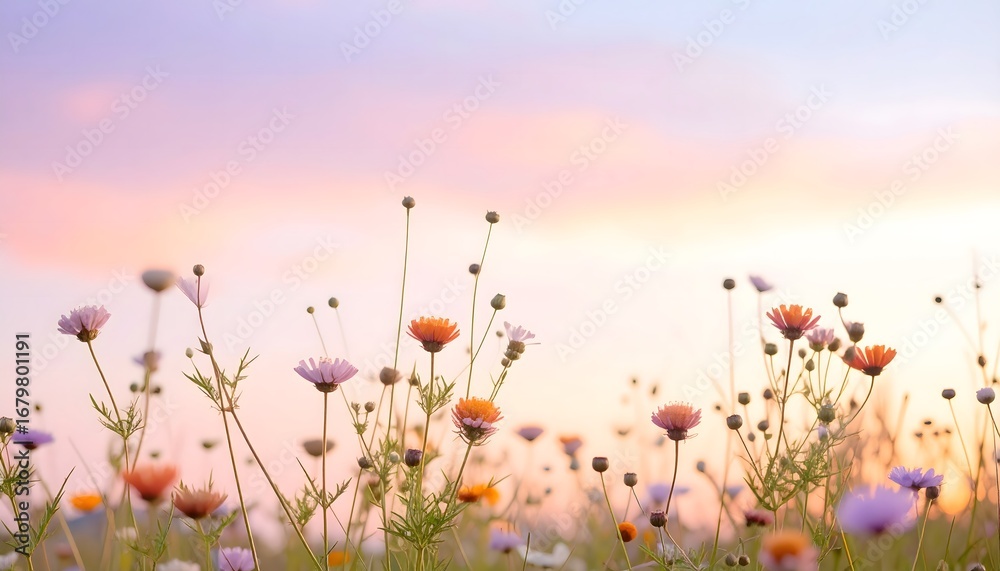 Fototapeta premium Pradera de flores silvestres con cielo rosado al atardecer