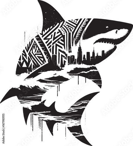 Artistic illustration of a shark with tribal patterns and a cityscape silhouette design concept