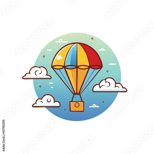 Parachute in Cloudy Sky Illustration Colorful Aerial Skydiving Adventure