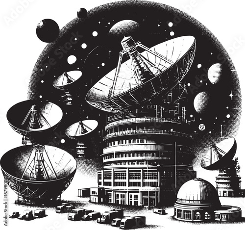 Illustration of a complex astronomical observatory with numerous satellite dishes in outer space