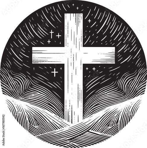 Illustration of a White Cross Set Within a Circular Black and White Engraved Design