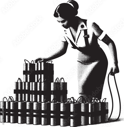 Conceptual illustration of a woman with explosives and a detonator, ready to detonate