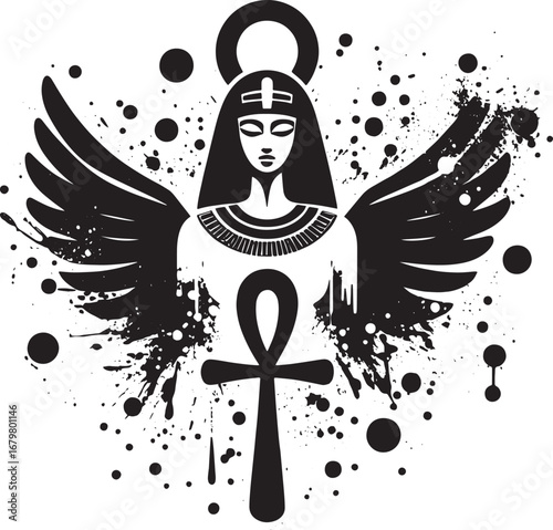 Elegant Egyptian Goddess with Wings and Ankh Symbol in Black and White Design