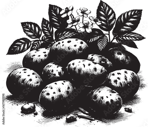 Black and white illustration of fresh potatoes with leaves and flowers in detailed artwork