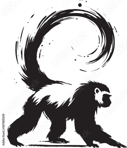Stylized Silhouette of a Monkey with a Swirling Tail in Black and White Illustration
