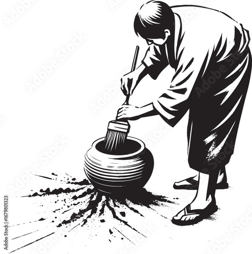 Monochrome sumi-e depiction of a man delicately cleaning a potte