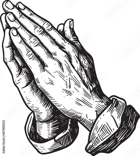 Engraved Prayer Hands Illustration Representing Hope, Faith, and