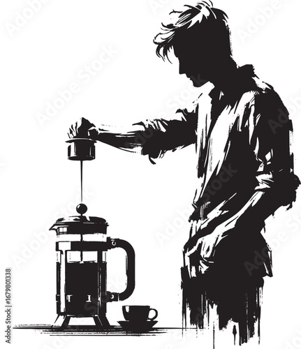 Monochromatic sumi-e illustration of a man brewing coffee with F