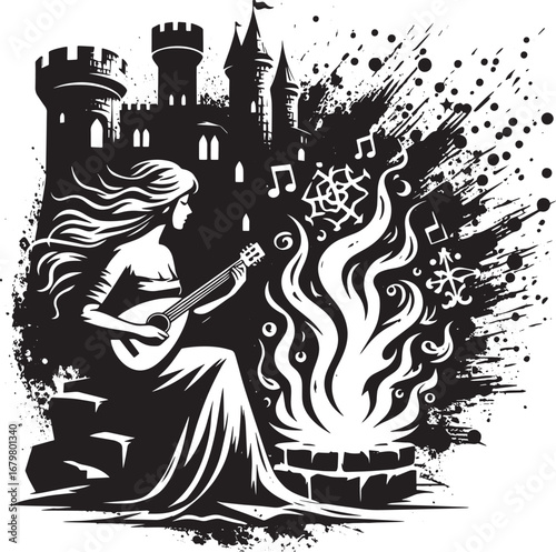 A mystical woman serenading with a guitar near a castle and a bonfire with musical notes