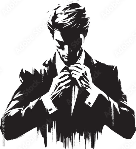 Monochrome Sumi-e Illustration: Man in Suit Adjusting Collar wit