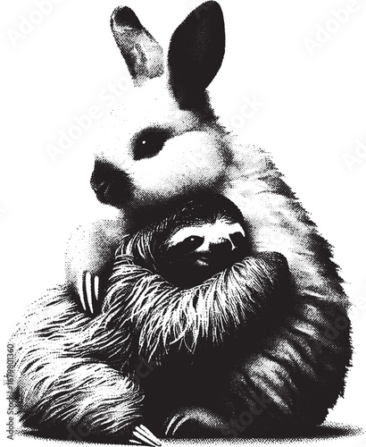 Illustration of a rabbit embracing a sloth, showcasing friendship and a heartwarming bond