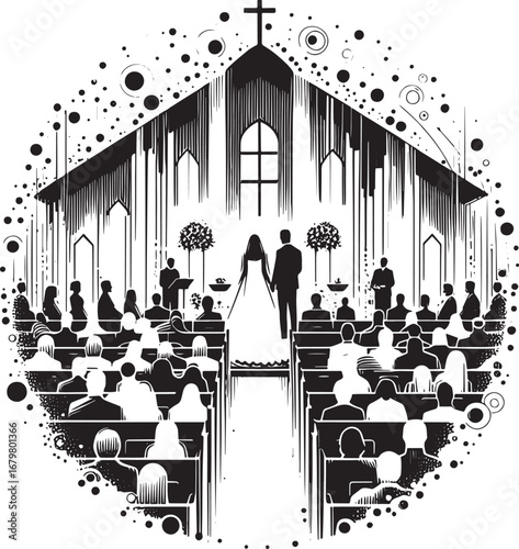 Black and White Wedding Ceremony Illustration in Church with Guests and Bride and Groom