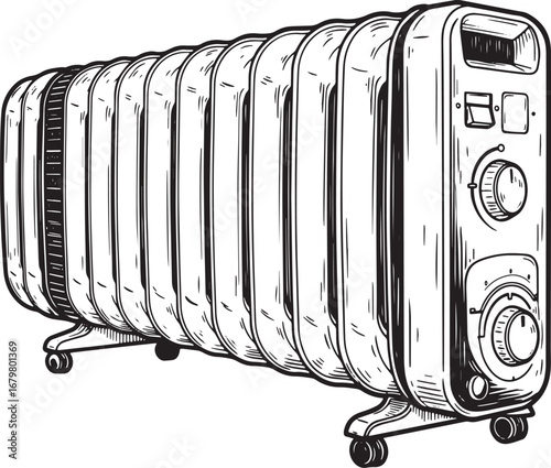 Oil Radiator Heater in Woodcut Style, Black and White Detailed I